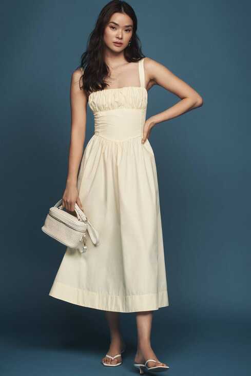 Anthropologie Dresses & Skirts - NEW Anthropologie Drop Waist Ruched cotton yellow midi dress size XL